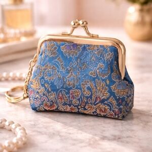 Chic Gold-Trimmed Blue Floral Kiss-Lock Coin Purse (3 1/2 X 3)